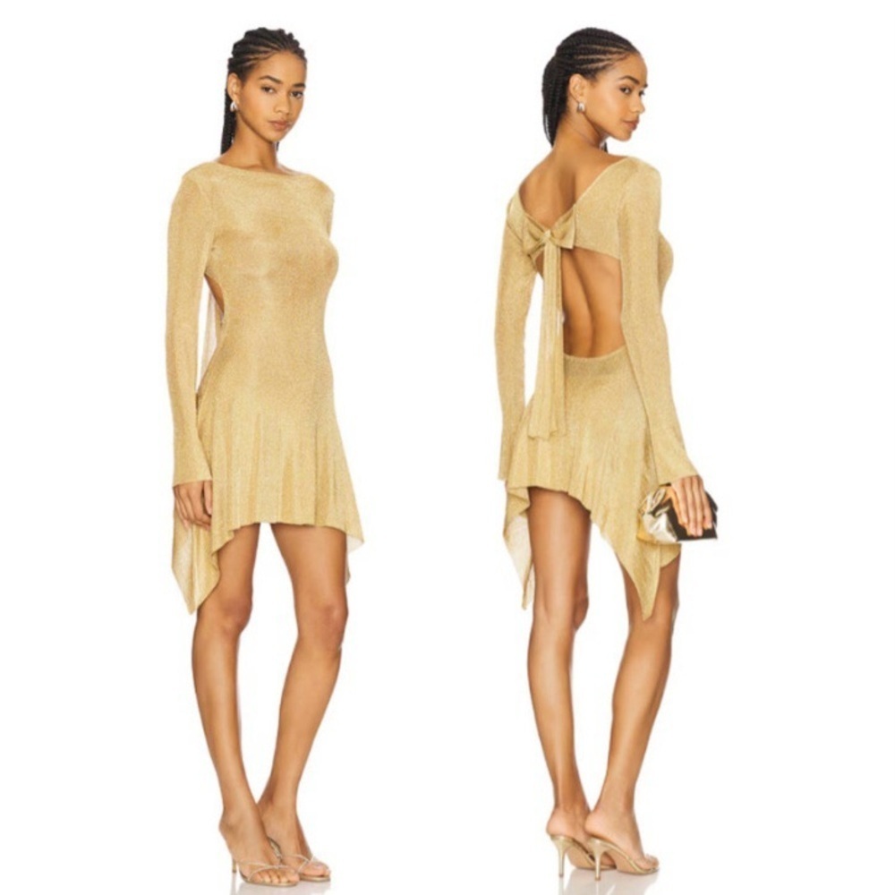 Guizio Rose Boatneck Long Sleeve Open Ribbon Bow Tie Back Mini Dress Gold